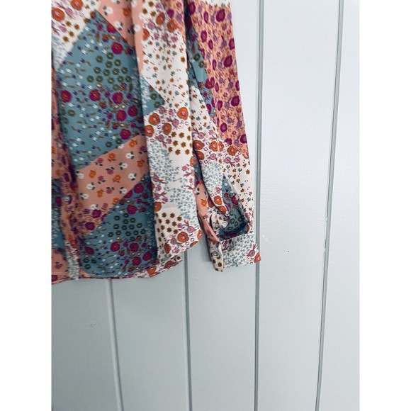 Rose & Olive Top M Medium Patchwork Button Front Chiffon Smocked Back Pink - Picture 2 of 7